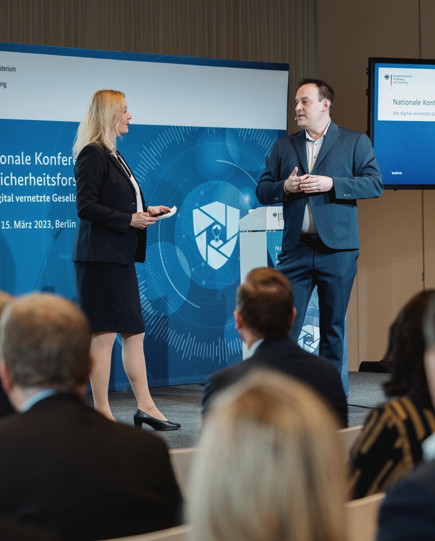 Michael Backes on stage at a national security-research conference in Berlin, 2023